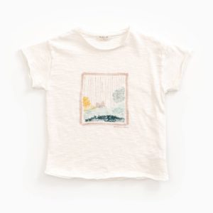 Saison des Abeilles Vetements enfants Habillement bebe coton biologique - garçon - T-shirt beige et dessin paysage