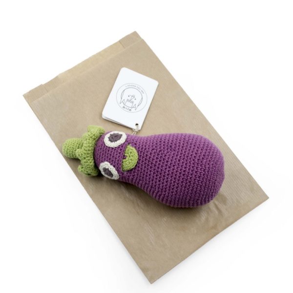 Saison des abeilles Jouet Peluche coton bio bebe enfant hochet legume grelot aubergine